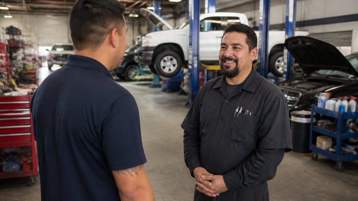 Vehicle owner standing in a well-organized repair shop speaking with a friendly technician in uniform, with repair bays and diagnostic equipment visible in the background