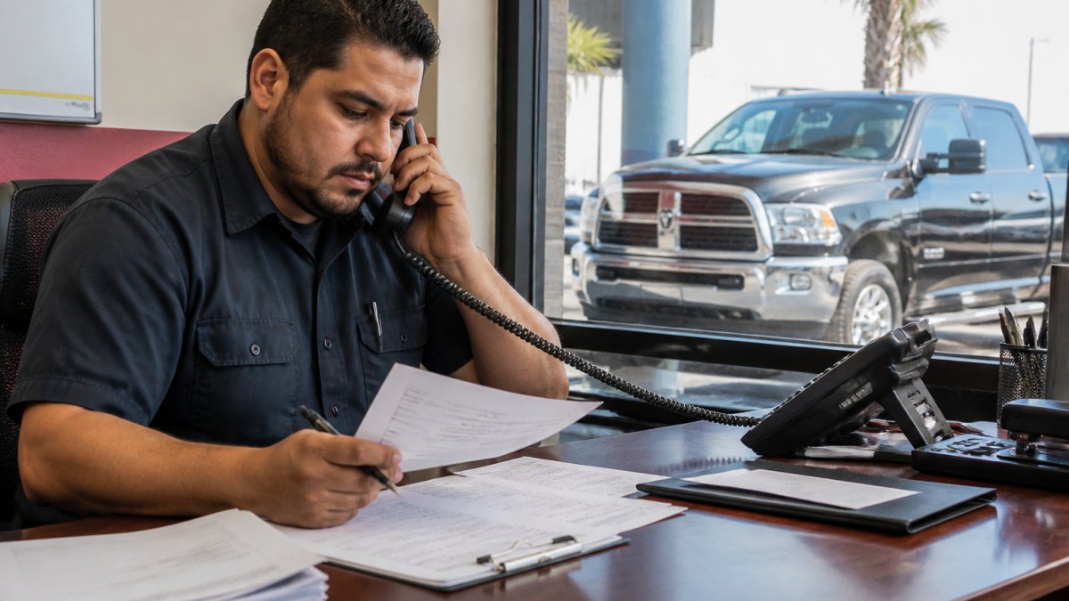 Vehicle owner reviewing paperwork to book certified diesel engine repair while looking at their truck