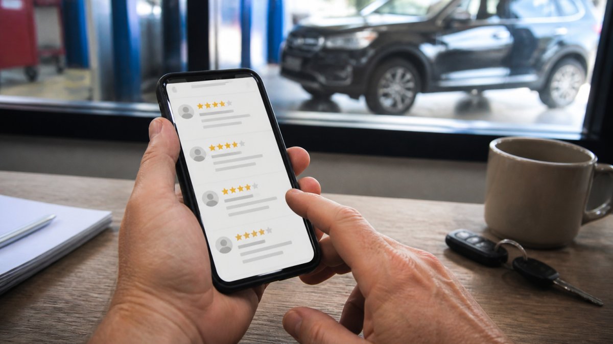 Close-up of a person's hands holding a smartphone displaying a list of auto repair shop reviews with star ratings, in a bright setting with a car visible in the background through a window