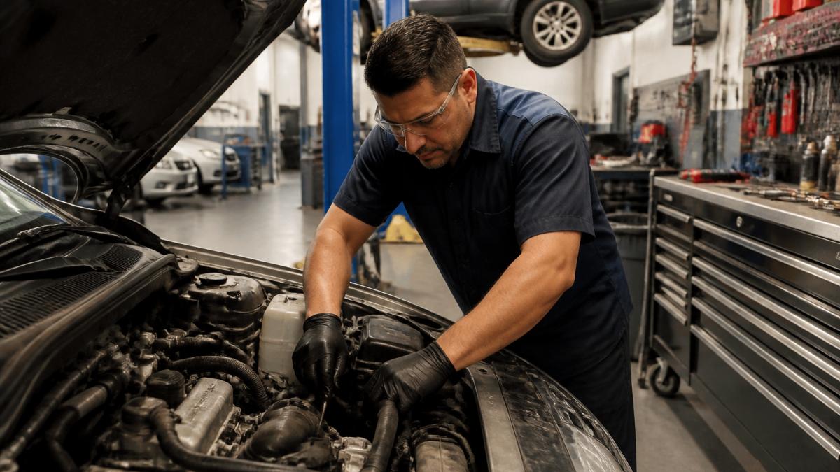 Professional automotive technician in uniform working on vehicle engine in clean, well-lit repair shop with diagnostic equipment and professional tools visible on workbenches